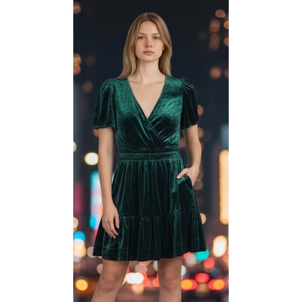 Anthropologie Somerset Velvet Mini Dress Size XS Green Smocked Tiered V-Neck Pkt